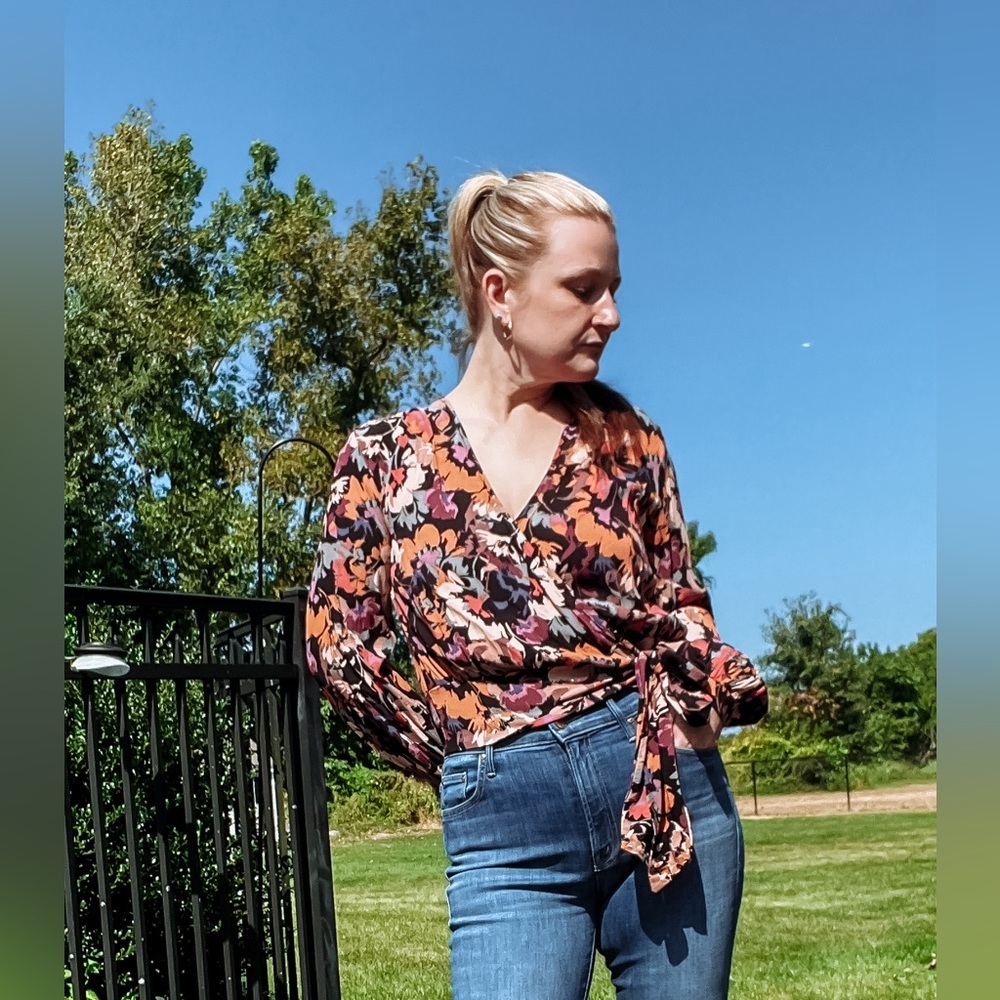 Floral Wrap Blouse with Tie Waist - Black/Orange Multi